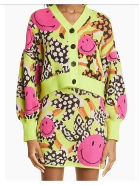 NWT RARE Farm Rio X Smiley Tucanissimo Smiley Knit Mini Skirt Medium Neon Pink